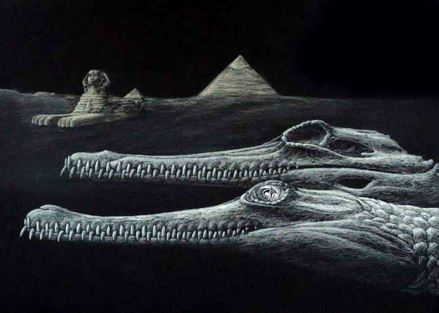 Reconstrucción del extinto Herugavialis cairensis con la Gran Esfinge y las pirámides representadas al fondo. / Ilustración de Karim Zanaty.