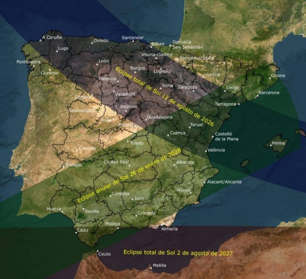 Sucesión de eclipses de Sol en España en los próximos tres años