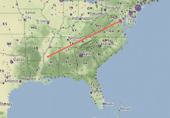 Washington DC to Greenwood, MS under current emissions