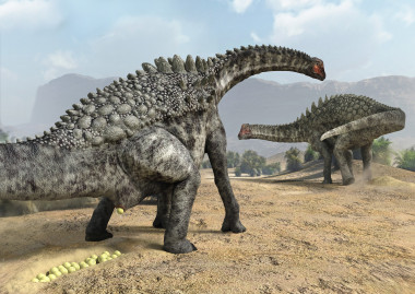 <p>Recreación artística de la puesta de huevos de un ampelosaurus. / J.A. Peñas - SINC</p>