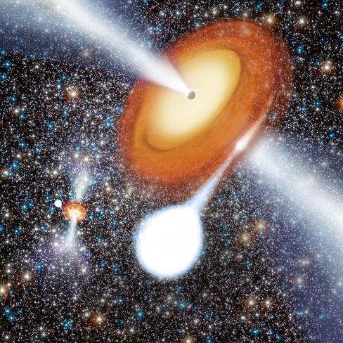 Los dos agujeros negros, con sus estrellas compañeras y sus emisiones de radio, en el cúmulo estelar M22. Imagen: Benjamin de Bivort. Los dos agujeros negros, con sus estrellas compañeras y sus emisiones de radio, en el cúmulo estelar M22. Imagen: Benjamin de Bivort.
