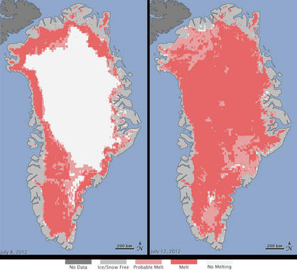 <p>El deshielo se ha producido, en distintos grados, hasta en las zonas más altas y frías de la isla. Imagen: NASA</p>