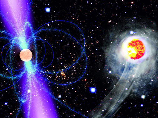 <p>Esta impresión artística muestra cómo la energía de radiación gamma emitida por el pulsar calienta y evapora su estrella acompañante. Imagen: NASA/ESA</p>