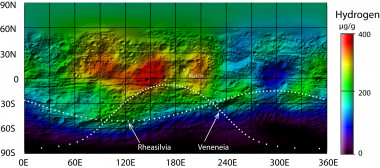 <p class=" text-left">El detector de rayos gamma y neutrones de la sonda <em>Dawn</em> muestra la distribución del hidrógeno en Vesta. Imagen: Dr. Prettyman.</p>
