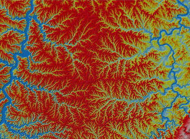 <p>Mapa físico de la ramificación de la red de ríos en la meseta de Allegheny (EEUU), con el río Ohio a la izquierda. Imagen: Taylor Perron, MIT</p>