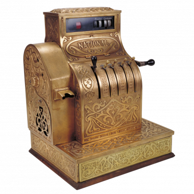 <p>Máquina registradora (National c. 1900). El modelo más caro de la gama de máquinas registradoras de la empresa National, pionera en su fabricación, es el de bronce dorado. / MUNCYT</p>