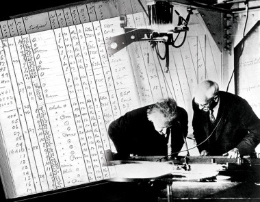 <p><strong>FOTOGALERÍA. </strong>El 29 de enero de 1931 Einstein visitó por primera vez el Observatorio del Monte Wilson. En esta fotografía se le ve con Charles St. John examinando imágenes en la Torre Solar, cuyo registro espectroheliógrafico se reproduce en la parte superior. / American Institute of Physics. <strong>(9/12)</strong></p>