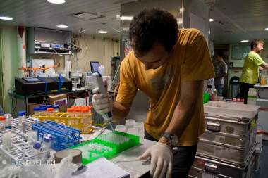 <p>Laboratorio a bordo del buque Hespérides. Imagen: Almudena M. Castro</p>