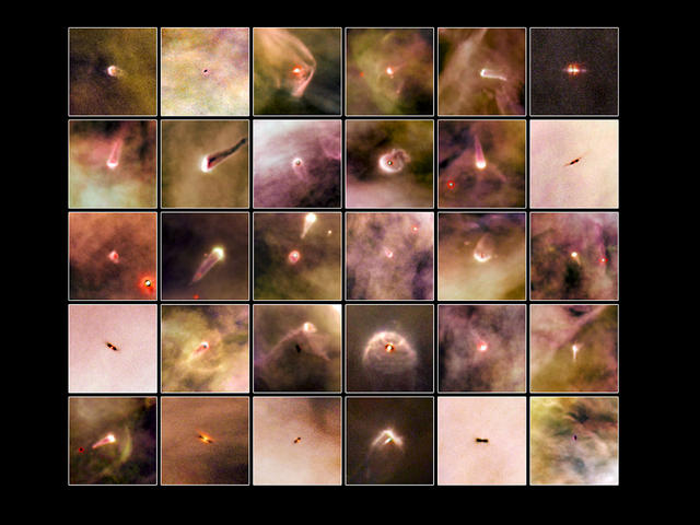 Treinta de los 42 discos protoplanetarios descubiertos en la Nebulosa de Orión.