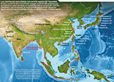 <p>Mapa de las centrales nucleares con mayor riesgo de tsunami.</p>