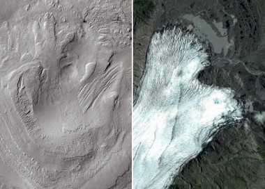 <p>Left: Linear and lobate morphologies on the highest reaches of Aeolis Mons, shaped by glacial activity in the past. Right: Breiðamerkurjökull glacier, Iceland, a terrestrial analog of the glacial remains identified on Gale. / Credits: CTX-MRO-NASA/Google maps</p>