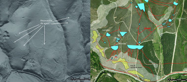 <p class=" text-center">Ancient goldmines in the Eria river valley, with channels and reservoirs for exploitation. The model generated with LiDAR data (left) allows these structures to be located on aerial photos (right). / Credit: J. Fernández Lozano et al.</p>