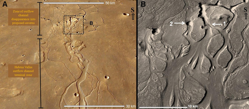 <p>Vista del canal de salida Hebrus Valles, donde se observa su desaparición, y detalles, como un posible punto de colapso del techo de una cavidad (2). Imagen: Rodriguez et al./Planetary Science Institute.</p>