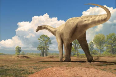 <p>Reconstrucción del paleoambiente del Cretáceo de los Pirineos con una hembra de titanosaurio preparándose para la puesta. / Óscar Sanisidro / Institut Català de Paleontologia Miquel Crusafont (ICP)</p>