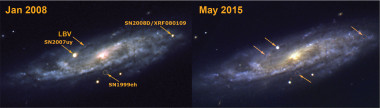 <p>Imágenes de la galaxia NGC2770. A la izquierda, se señala la posición de la estrella variable luminosa azul (LBV) que en mayo de 2015 sufrió la explosión estudiada y que destaca en la imagen de la derecha. / IAA (CSIC)</p>