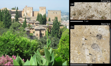 <p>La Alhambra de Granada, monumento declarado Patrimonio Mundial de la Humanidad, y ensayo de envejecimiento de la calcarenita durante dos años en la atmósfera urbana, donde se observa un claro oscurecimiento de su superficie. / UGR</p>