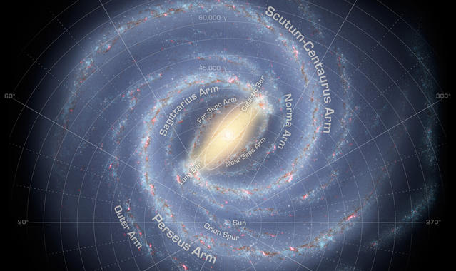 <p>La Vía Láctea, una galaxia de baja masa que, según el estudio, creció lentamente y de forma uniforme. Imagen: NASA/JPL-Caltech/R. Hurt.</p>