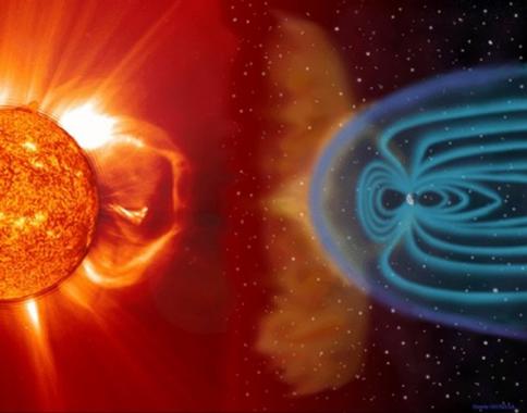 <p>Composición de una imagen del Sol tomada con la sonda SOHO y una ilustración de la magnetosfera terrestre. Imagen: NASA/ESA</p>