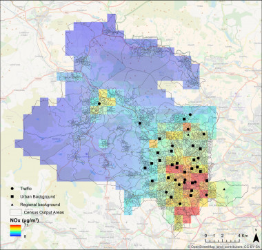 <p>Mapa de la contaminación de fondo en la ciudad de Bradford (Reino Unido). / Open Street Map | ISGlobal </p>