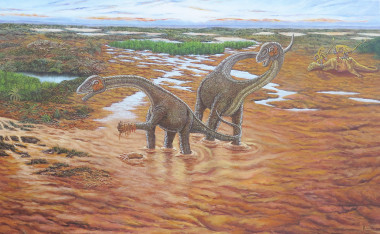 <p>Reconstrucción del paisaje de Utah en el Cretácico Temprano basada en la información del yacimiento Doelling’s Bowl: <em>Mierasaurus</em> (en el centro)<em>, Iguanocolossus </em>y <em>Yurgovuchia</em> (a la derecha) y un esqueleto de anquilosaurio (a la izquierda) / Fundación Dinópolis</p>