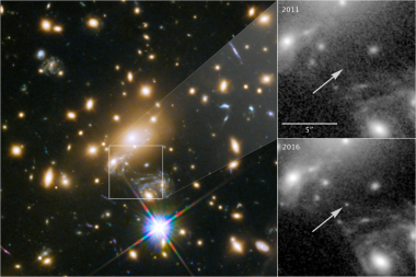 <p>Imagen a color del cúmulo MACS J1149+2223 observado por el telescopio Hubble. A la derecha, se muestra la zona del cielo tomada en 2011 donde no se ve la estrella Ícaro, comparada con la imagen de 2016 donde se aprecia claramente esta supergigante azul. / NASA, ESA, and P. Kelly (University of Minnesota)</p>