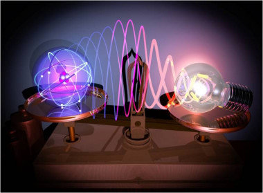 Composición artística que muestra el efecto de localización de la luz desde las dimensiones cotidianas de una bombilla hasta las dimensiones atómicas donde puede sondear la vibración de una única molécula. / Universidad de Cambridge/Bart de Nijs</p>
<p>” /></p>
<p style=