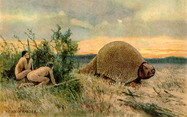 <p>Ilustración que representa a dos pobladores antiguos de América con un glyptodon. / <a href="https://en.wikipedia.org/wiki/Paleo-Indians" target="_blank">Wikipedia</a> </p>