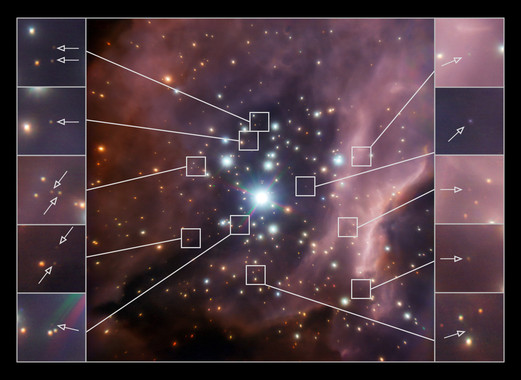 <p>Imagen en falso color en el infrarrojo cercano del cúmulo masivo RCW38, tomada por el instrumento NACO del Very Large Telescope. Cubre un área de 1,5 años luz, y destaca algunas de las candidatas a enanas marrones detectadas. / K. Muzic <em>et. al</em></p>