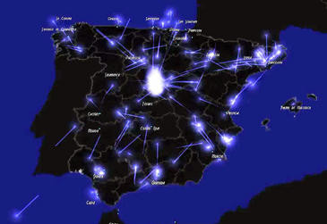<p>Imagen de la simulación computacional que ha elaborado el BIFI sobre el flujo de mensajes del movimiento 15M. Imagen: BIFI</p>