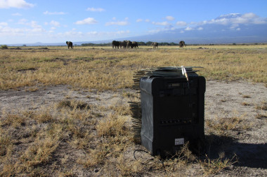 Aparato para la reproducción de grabaciones de voz y grupo de elefantes en el Parque Nacional Amboseli. /  Katito Sayialel