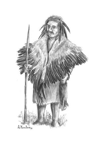 Ilustración de neandertal ataviado con plumas. Imagen: A. Monclova