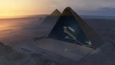 <p>Ilustración donde se muestra (punteado en blanco) la cavidad descubierta, situada encima de la Gran Galería de la pirámide de Keops. / ScanPyramids mission</p>