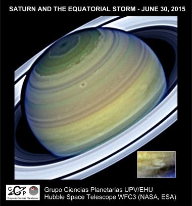 <p>El planeta Saturno observado con la cámara Wide Field Camera 3 del telescopio espacial Hubble el 30 de junio de 2015. El recuadro muestra la tormenta ecuatorial. / UPV/EHU</p>