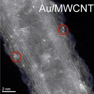 Microclústeres de oro de entre 5 y 10 átomos sobre nanotubos de carbono. / CSIC Microclústeres de oro de entre 5 y 10 átomos sobre nanotubos de carbono. / CSIC