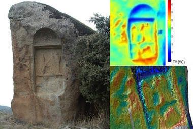 <p>Estela de Cenicientos, en Madrid, y diferencia entre su cartografía de datos termográficos tipo y cartografía de base SIG tridimensional. La nueva cartografía mediante SIG tiene una gran definición en 3D que permite atender al elemento con mayor detalle. / Ayuntamiento de Cenicientos/ Laura López González</p>