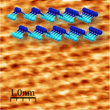 <p class=" text-left">Imagen de microscopía de fuerzas atómicas de una lámina de antimoneno con resolución atómica y su estructura superpuesta. / UAM</p>