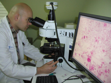 <p>El investigador Octavio Rivero analizando unas muestras al microscopio./ DiCYT. </p>