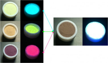 <p>Aluminofosfato acanalado con distintos colorantes encapsulados, emitiendo en las regiones azul (acridina), verde (pironina Y) y roja (LDS 722) del espectro, ocluidos por separado (izquierda) o simultáneamente en las proporciones adecuadas para dar luz blanca (derecha), bajo luz de excitación ultravioleta. / Rebeca Sola Llano/UPV/EHU</p>