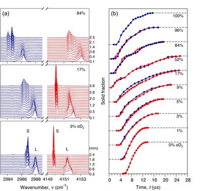 <p><em>(a) Espectros Raman de oD2 (azul) y pH2 (rojo) en tres mezclas representativas a distancias crecientes desde la tobera, y (b) evolución temporal de la cristalización en las mezclas estudiadas.</em></p>
