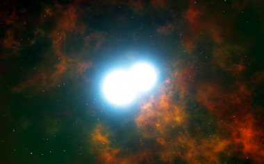 <p>Ilustración de la parte central de la nebulosa planetaria Henize 2-428, con dos estrellas enanas blancas que se irán acercando hasta fusionándose dentro de unos 700 millones de años. En ese momento surgirá una deslumbrante supernova de tipo Ia. / ESO/L. Calçada</p>