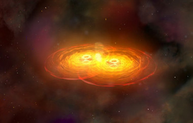 <p>Ilustración de la fusión de dos agujeros negros, un evento que puede generar ondas gravitacionales. / NASA</p>