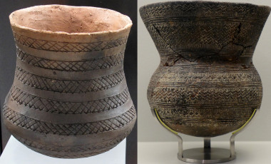 <p>Vasos campaniformes de Los Millares, en el Museo de Almería, y de La Rambla, en el Museo de Córdoba. / R. Risch</p>