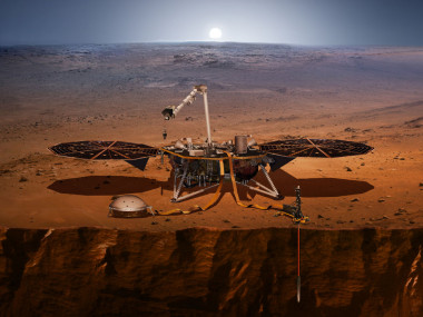 <p>Ilustración del módulo de aterrizaje de InSight, sus sensores, cámaras e instrumentos. / NASA</p>