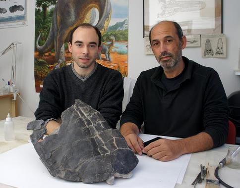 <p>Adán Pérez-García (izquierda) y Francisco Ortega (derecha), miembros del grupo de Biología Evolutiva de la UNED, muestran el caparazón / SHN-GBE UNED.</p>