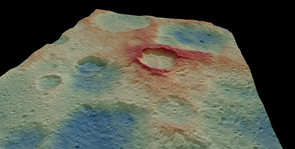 Modelo digital del terreno que muestra el escarpe formado por una falla inversa que deformó los cráteres Kupalo y Juling. / UCM a partir de datos NASA/DAWN.