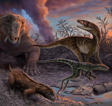 <p>Representación artística de animales que escapan de un volcán en erupción hace 235 millones de años en el noroeste de Argentina. Entre estas especies, que se encuentran en el registro fósil de la Formación Chanares, incluye a los parientes de los mamíferos tempranos y los predecesores de los dinosaurios. / Victor Leshyk</p>