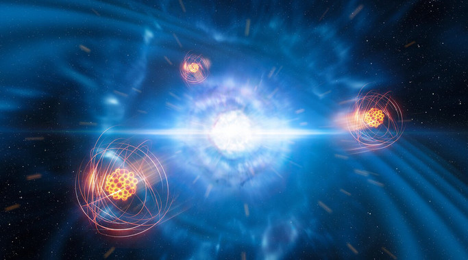 <p>Representación artística del estroncio emergiendo de una fusión de estrellas de neutrones. / ESO/L. Calçada/M. Kornmesser</p>