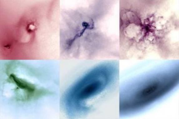 <p><a href="http://plataformasinc.es/index.php/esl/En-exclusiva/Imagenes-embargadas/Resuelven-con-supercomputadores-un-problema-sobre-la-formacion-de-las-galaxias" target="_self">Varios estados de la formación de galaxias</a> según la teoría de la materia oscura fría. usando simulaciones por ordenador. Imagen: Katy Brooks.</p>