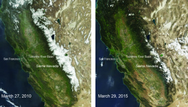 <p>Estas dos imágenes de satélite muestran la cubierta de nieve en la Sierra Nevada en California de los últimos años, con el promedio de nevadas de invierno de 2010 en comparación con 2015, año en el que se ha alcanzado la capa de nieve más baja en 500 años. Las imágenes fueron tomadas por el satélite AQUA de la NASA / NASA/MODIS </p>