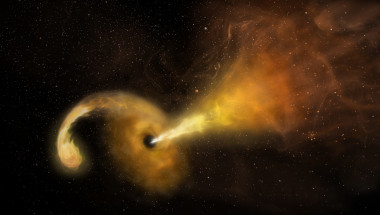 <p>Ilustración de un evento de disrupción por mareas, en el que un agujero negro desgarra una estrella y emite un potente chorro de partículas. / Sophia Dagnello, NRAO/AUI/NSF; NASA, STScI</p>